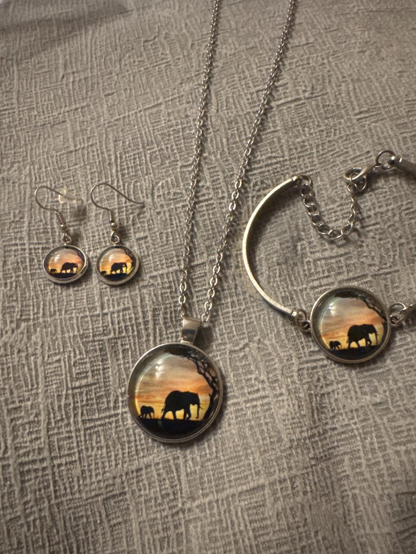 Earrings/Necklace/Bracelet Sunset Elephant Silhouette Set