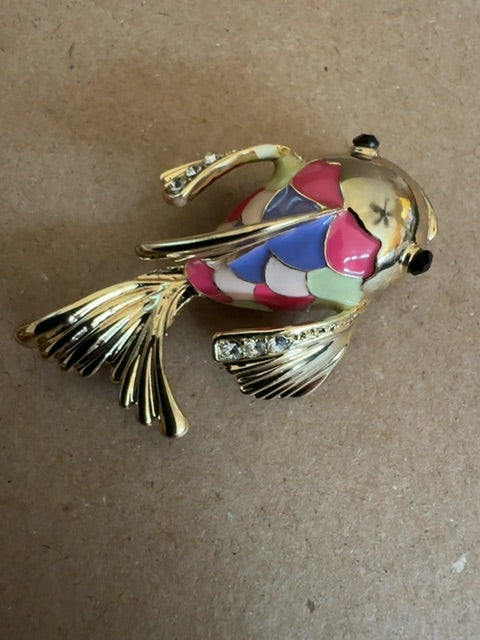 Goldfish purplepinkgreen gold tone brooch