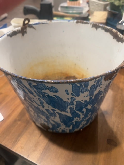 vintage blue and white marbled enamelware basin or dish pan.