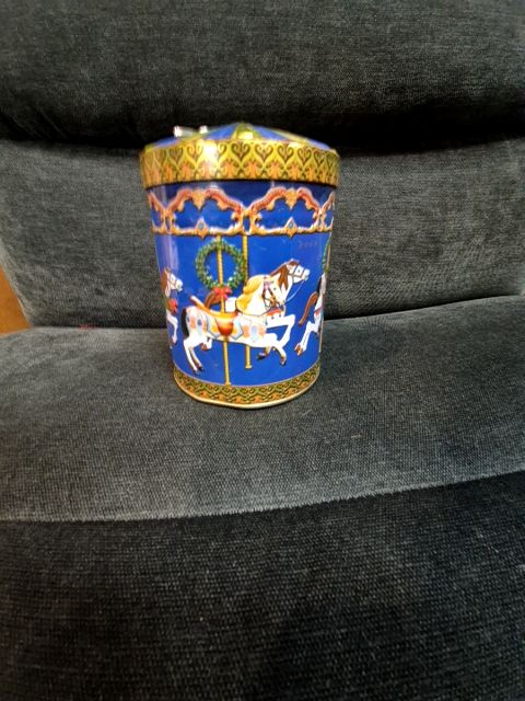Blue Vintage Tin Carousel Horses Music Box, 4.25" × 6"