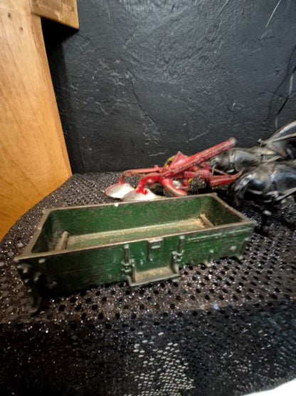 Cast Iron Black, Red, & Green McCormick Deering Horses & Plow, Wagon Set; missing wheels