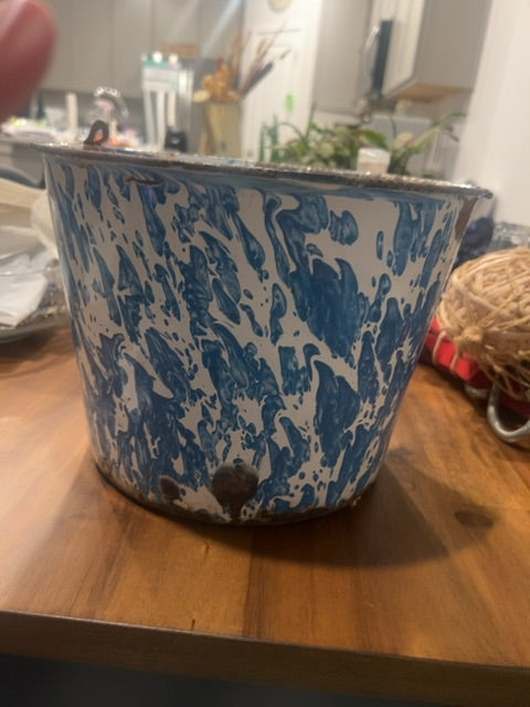 vintage blue and white marbled enamelware basin or dish pan.
