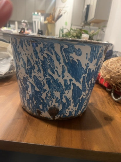 vintage blue and white marbled enamelware basin or dish pan.