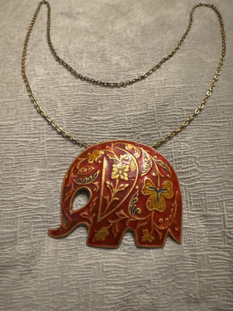 India Red Floral Enamel Elephant Necklace