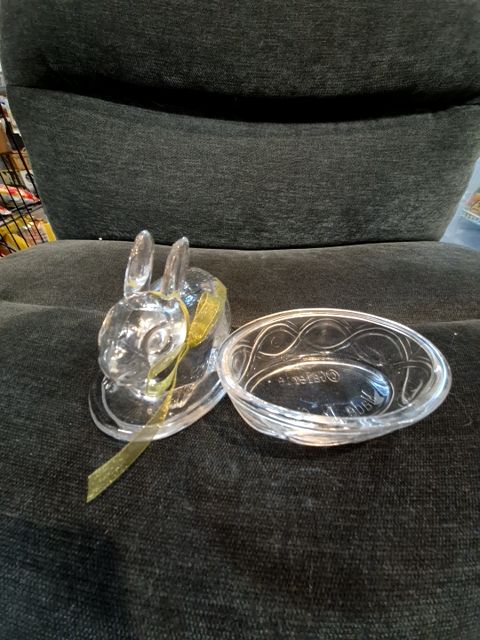 Clear  Bunny on a Nest, Glass Dish, 5" × 3.5" × 5"