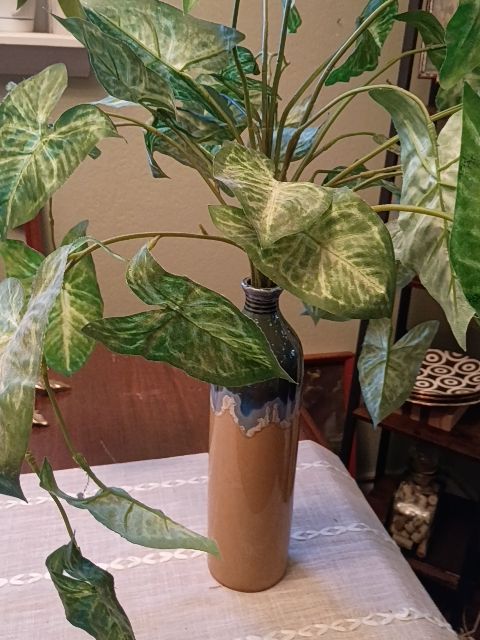 Tan/glazed green pottery vase 4 x 12, 14" faux plant