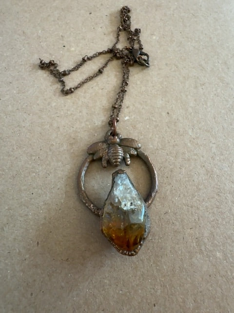 Copper electroformed faceted citrine crystal bumblebee charm necklace