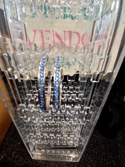 Silver w/Blue  Rhinestone Hoop Earrings, 2"