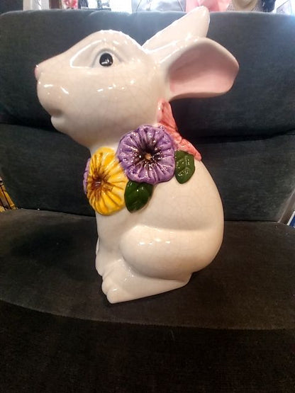 White w/yellow & purple flowers  Porcelain Bunny w/Flower Collar, 6" × 7" × 11"