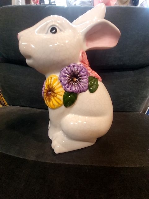 White w/yellow & purple flowers  Porcelain Bunny w/Flower Collar, 6" × 7" × 11"