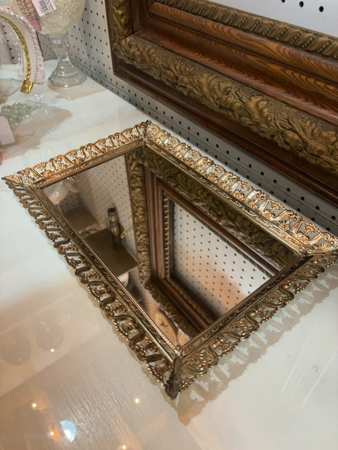 Filigree gold metal footed vanity tray