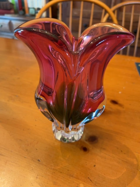 Art Glass Vase: Cranberry & Emerald Colors