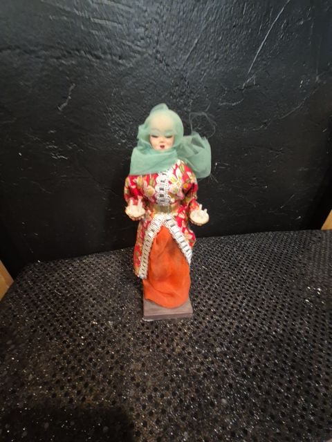 Red Dress, Blue Head Scarf Vintage Souvenir Doll, 8"
