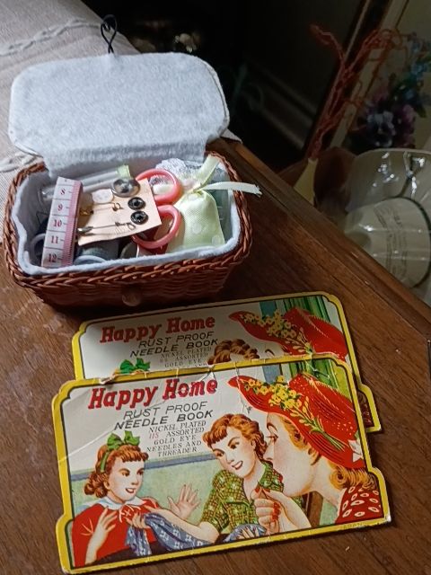 Vintage needle books, small wicker sewing kit