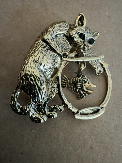 Cat and fishbowl gold tone brooch