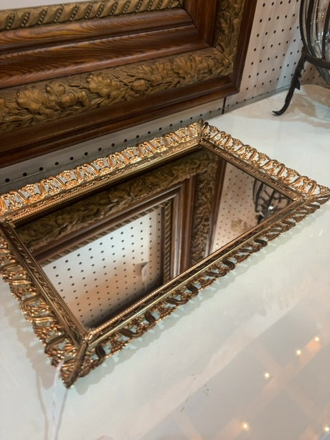 Filigree gold metal footed vanity tray