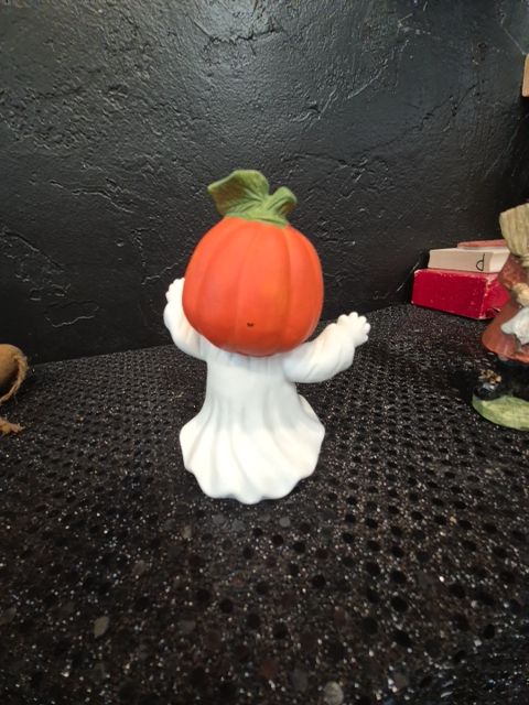 White & Orange  Pumpkin Head Ghost Figurine, 4"
