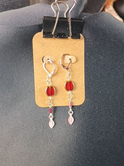 Ruby Red and Pink Leaf Dangle Earrings