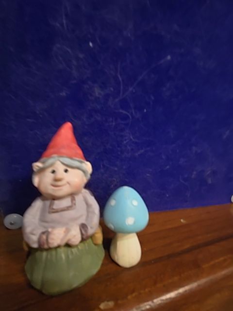 Red hat gray hair green skirt  Gnome lady with blue mushroom, 2in tall