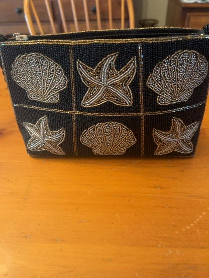 Beaded Bag w/ Gold and Silver Starfish and Shell Pattern