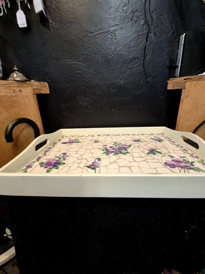 Cream w/Purple Flowers  Mosaic Decorative Tray, 19" × 13" × 2"
