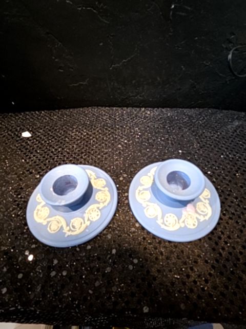 Vintage 1970's Wedgwood Blue Jasperware Candlestick holders