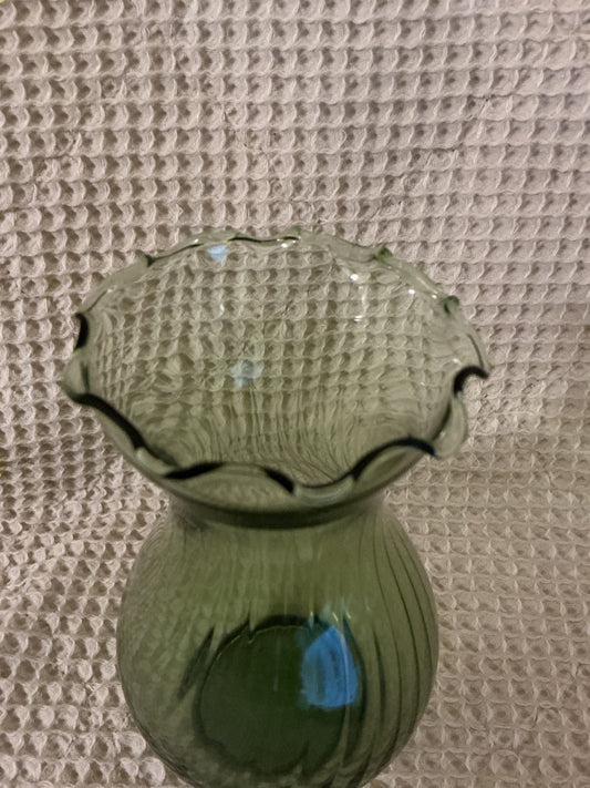 Green unknown Green glass reverse swirl vase, 7”