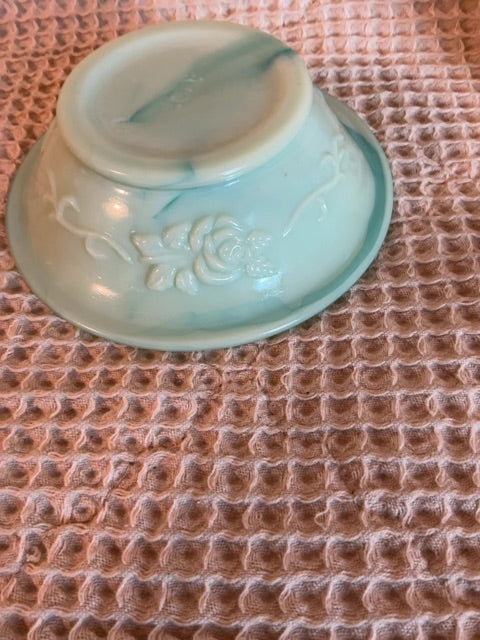 Green Avon Jadite Marbled Milk Glass Pitcher &Wash Basin, 4.75”