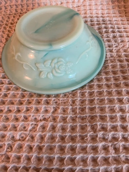 Green Avon Jadite Marbled Milk Glass Pitcher &Wash Basin, 4.75”