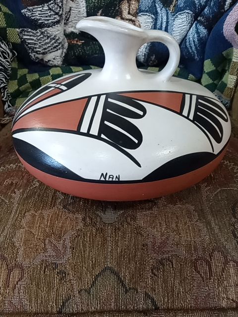 Large Vintage Native American Navajo Art Pottery Canteen Water Jug - Signed Nan 12" x 10