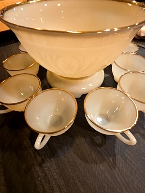 Milk glass punch bowl w/ 11 cups