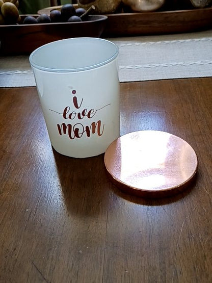 White glass copper colored metal lid "I love mom" 4" x 4"