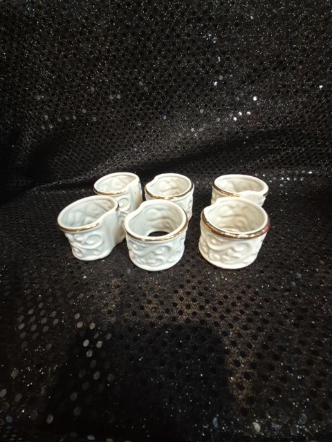White w/Gold Trim  Porcelin Napkin Rings, Set of 6, As Is