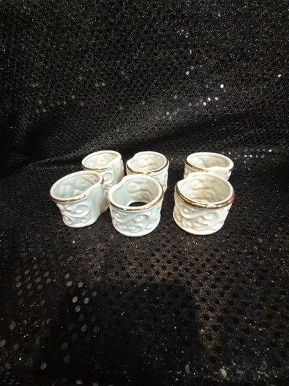White w/Gold Trim  Porcelin Napkin Rings, Set of 6, As Is