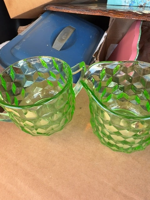 Green Depression Glass Glows! Creamer & Sugar
