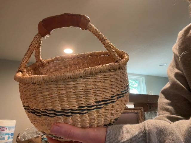 Cream/Blue stripes African Vintage Bolga handmade basket, 9"w x 9"H