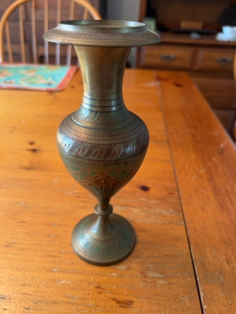 Vintage India Brass Handcrafted Flower Vase - 8"