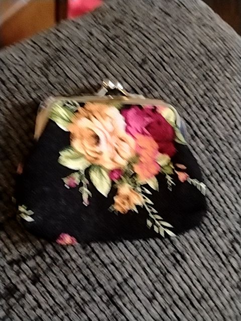 Black with floral design (red, orange, tan, green  Floral Coin purse, Small