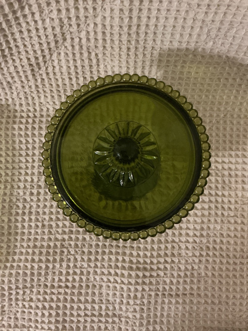 green Indiana Glass Co Green Lidded  Footed Candy Dish, 6.5”