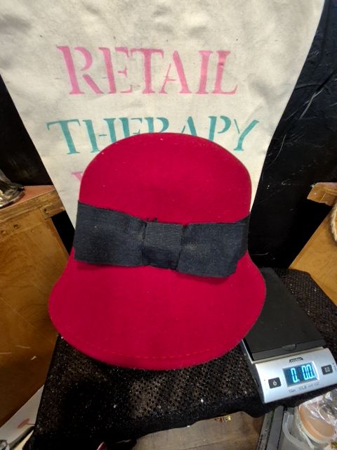 Red w/black Amanda Smith Red Felt Hat w/Black Ribbon Headband