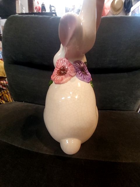 White w/yellow & purple flowers  Porcelain Bunny w/Flower Collar, 6" × 7" × 11"