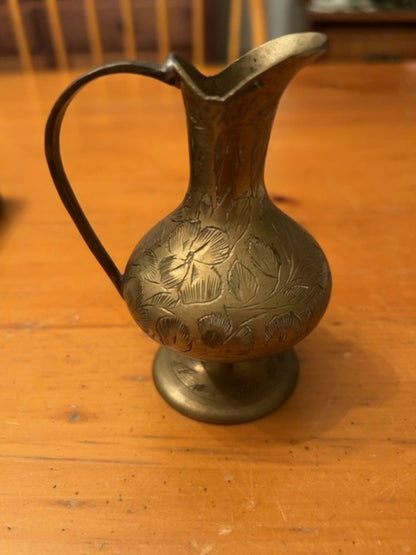 Vintage Etched Brass Pitcher, 3 3/4” T