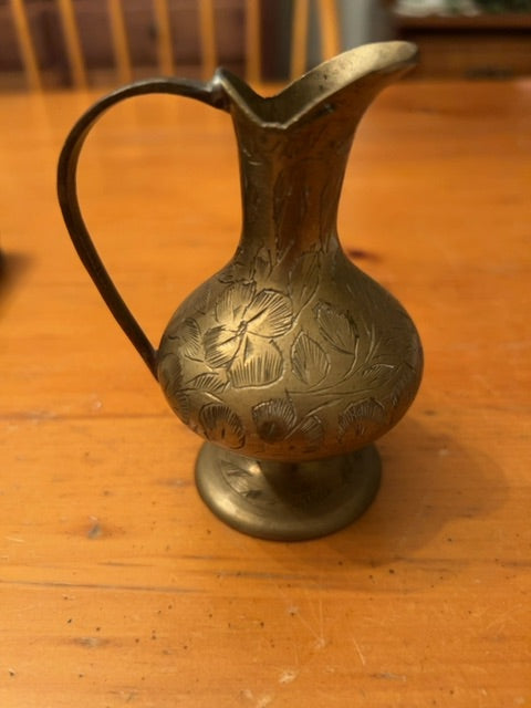 Vintage Etched Brass Pitcher, 3 3/4” T