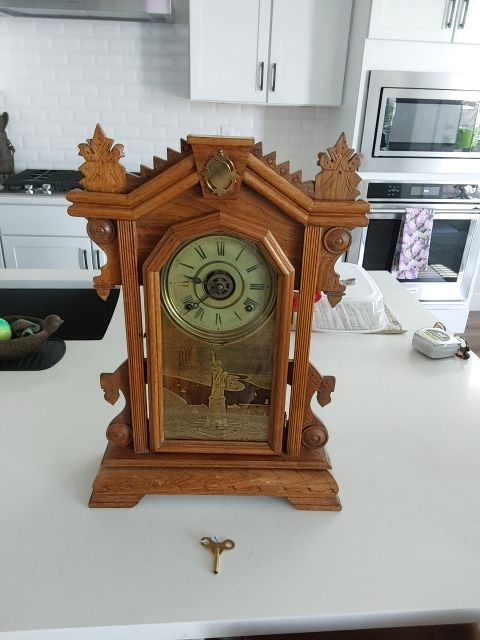 Wood/Brass Ingraham Mantle Clock, 20" t X 14.5"w X 5"d