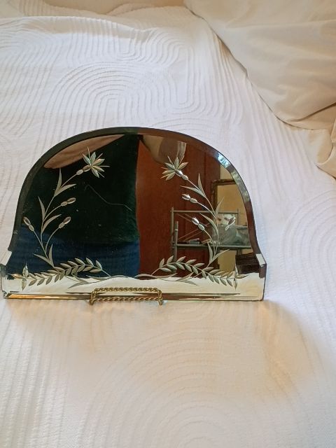 Vintage etched ornate vanity mirror with stand