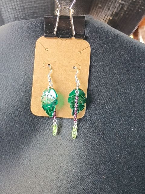 Green Glass Leaf Dangle Earrings