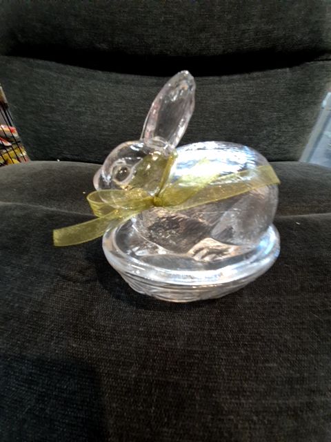 Clear  Bunny on a Nest, Glass Dish, 5" × 3.5" × 5"