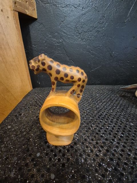 Hand-Carved Wooden Leopard Napkin Ring, 2.5" × 4" × 1.5"
