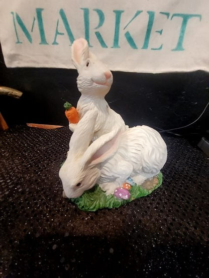 White  2 Bunny w/veggies & Jelly Beans figurine, 6" × 5.5" × 6.25"