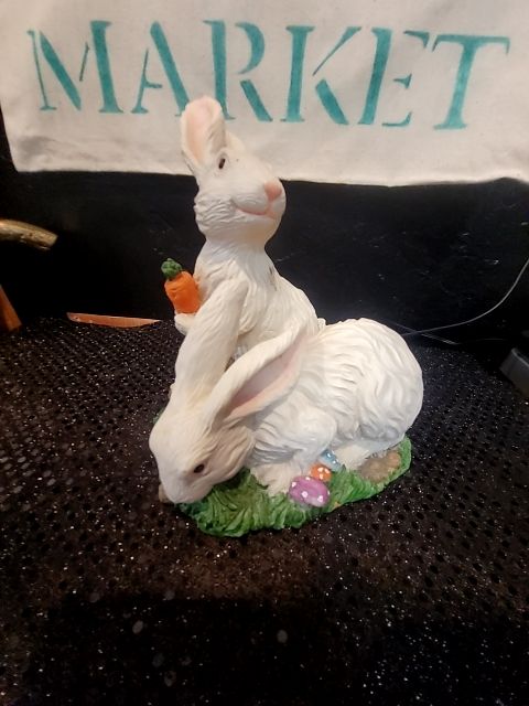White  2 Bunny w/veggies & Jelly Beans figurine, 6" × 5.5" × 6.25"